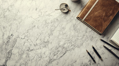 A sophisticated workspace featuring a leather notebook, pens, and a coffee cup on a sleek marble surface, perfect for inspiration and organization in a creative environment.の素材