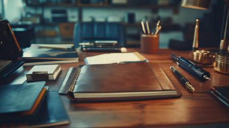 A serene workspace featuring a leather-bound notebook and various writing instruments on a wooden desk. The scene highlights organization and style, perfect for creative inspiration.の素材