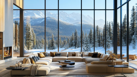 This image showcases a cozy modern living room with large windows, offering a breathtaking view of snowy mountains. The inviting interior features stylish furniture, warm colors, and a fireplace, creating a tranquil retreat perfect for relaxation.の素材