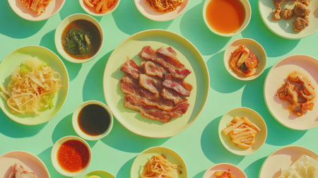 A vibrant overhead view of assorted Asian dishes with colorful ingredients, showcasing a variety of flavors and textures ideal for food photography enthusiasts.の素材