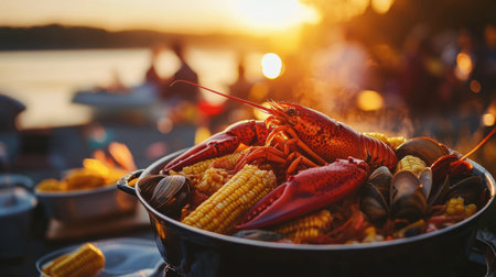 A delightful seafood boil featuring lobster and corn, set against a stunning sunset backdrop. The image evokes warmth, freshness, and a festive atmosphere.の素材