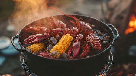 A vibrant scene of a steaming pot filled with freshly cooked lobster, clams, and corn, symbolizing a delightful outdoor dining experience with family and friends.の素材
