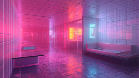 Explore a captivating neon-lit corridor showcasing vibrant pink and blue lighting. The futuristic aesthetic creates a serene atmosphere in this modern interior space.の素材