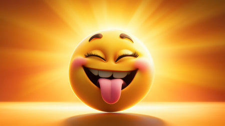 A vibrant and cheerful emoji with a big smile and tongue out, radiating positivity against a warm sunburst background. Perfect for conveying happiness.の素材