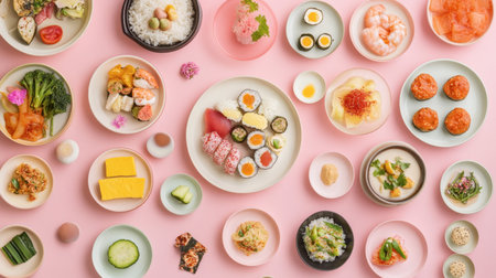 A vibrant display of various Asian dishes arranged on a pink tablecloth. Features sushi, seafood, vegetables, and more, perfect for food enthusiasts.の素材