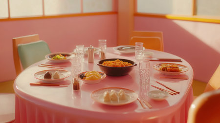 Inviting dining setting featuring a variety of Asian dishes on a pink table, accentuated by vibrant decor, ideal for family and friends' gatherings.の素材
