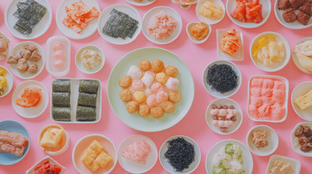 This overhead image showcases a vibrant array of Asian desserts and snacks artfully arranged on a pink table. Each dish offers a unique flavor and texture, perfect for celebrations.の素材