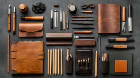 A sophisticated arrangement of leather and wooden office supplies, showcasing pens, notebooks, and stationery on a dark surface. Perfect for modern workspace inspiration.の素材