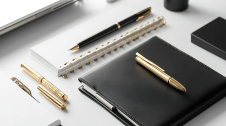 An elegant arrangement of stationery on a desk featuring black and gold pens, a spiral notebook, and a leather notebook, perfect for professional or creative work.の素材