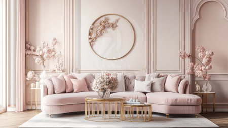 Discover an elegant pastel living room featuring plush pink seating, delicate floral decor, and stylish elements that create a cozy and inviting atmosphere.の素材