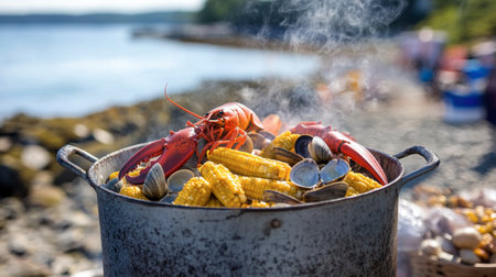 A vibrant seafood boil featuring lobster, corn, and clams steams in a pot by the ocean. The picturesque beach setting highlights a relaxing summer day.の素材