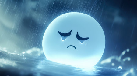 A sad cartoon character with tears appears in a dark watery environment, creating a serene yet melancholic atmosphere. The glowing character evokes deep emotions.の素材