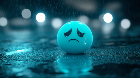 A sad glowing blue ball with a teardrop rests on a rain-soaked surface, evoking feelings of loneliness and melancholy in a dark and artistic setting.の素材