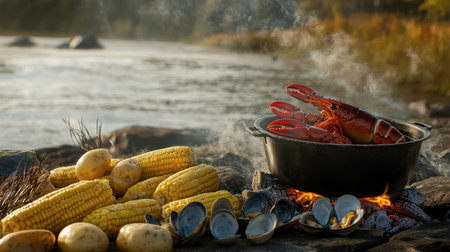 A captivating lakeside scene featuring freshly cooked lobster and clams beside a campfire, complemented by corn and potatoes. Perfect for food lovers!の素材