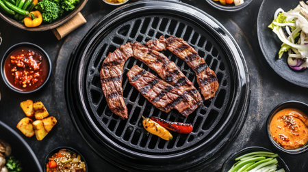 A top-down view of grilled meat on a barbecue grill, surrounded by a variety of colorful side dishes, showcasing a vibrant meal perfect for gatherings.の素材
