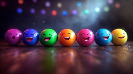 A vibrant collection of colorful smiley balls lined up, each displaying different emotions against a festive background filled with soft lights, capturing a joyful mood.の素材