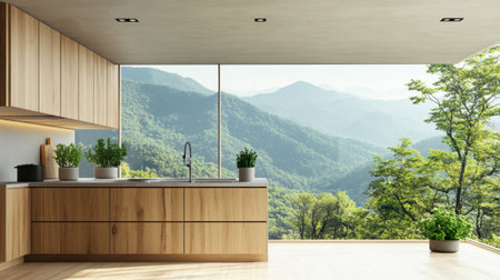 This modern kitchen features sleek wooden cabinetry and a breathtaking mountain view. Experience natural light and tranquility in a stylish setting perfect for cooking.の素材