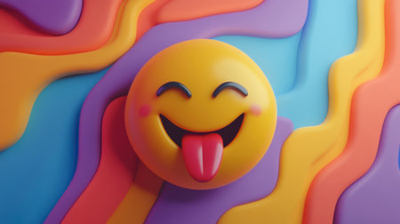A joyful smiley face with a playful tongue appears against a vibrant, abstract background full of colorful swirls, creating an inviting and whimsical design perfect for various projects.の素材