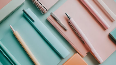 A vibrant flat lay of colorful office supplies like notebooks and pens. Perfect for presentations about productivity, organization, and creativity in workspace.の素材