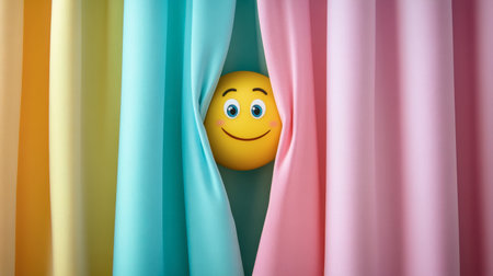 A vibrant and cheerful emoji is peeking through soft, colorful curtains, creating a playful and intriguing atmosphere. Perfect for designs highlighting happiness.の素材
