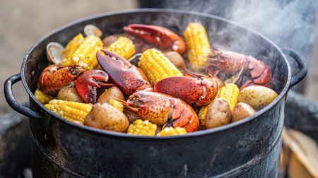 A vibrant scene featuring fresh lobster, corn, and potatoes boiling in a large pot. This colorful, outdoor cooking setup captures the essence of summer feasts and gatherings.の素材