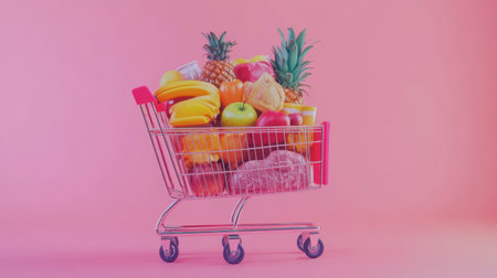 A shopping cart brimming with an assortment of fresh fruits, set against a vibrant pink background. This lively image captures the essence of healthy living and colorful eating.の素材