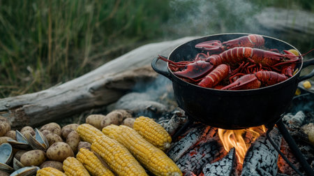 A vibrant outdoor scene featuring a pot of boiling lobster surrounded by fresh corn and potatoes over a campfire. The steam and flames create a cozy cooking atmosphere.の素材