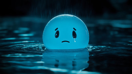 A solitary blue balloon with a sad expression floats on water, shedding a tear in a dark and serene environment, evoking deep emotions and reflection.の素材