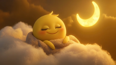 A cheerful yellow character peacefully sleeps on a fluffy cloud, surrounded by a serene night sky featuring a glowing moon and twinkling stars, evoking feelings of joy and tranquility.の素材