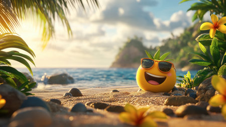 A cheerful cartoon fruit character wearing sunglasses relaxes on a sandy beach, surrounded by vibrant flowers and palm trees. Perfect for summer themes.の素材
