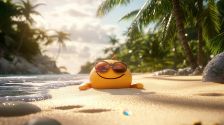 A cheerful cartoon character wearing sunglasses enjoys a sunny beach day, surrounded by palm trees and tranquil waves. Perfect for summer-themed projects!の素材