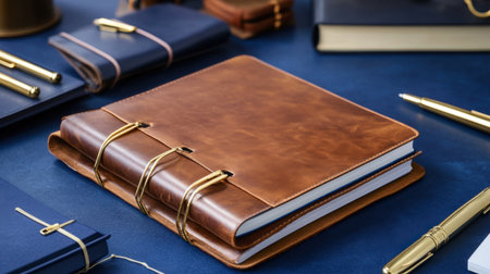 A sophisticated leather notebook rests on a stylish blue table, accompanied by various pens and office tools, perfect for creative and business inspiration.の素材