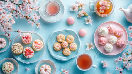 Enjoy a vibrant display of delightful cookies and pastries accompanied by tea and blossoms, creating a perfect springtime atmosphere for celebrations.の素材