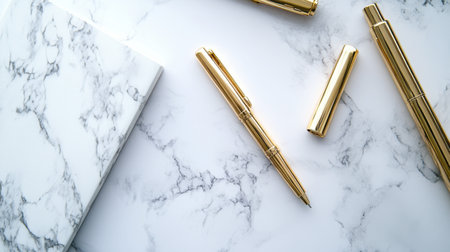 Luxurious gold pens rest on a beautiful marble surface alongside a notepad. This elegant arrangement enhances any workspace, promoting creativity and productivity.の素材
