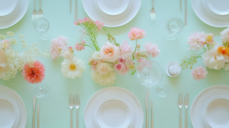 Beautifully arranged table setting featuring fresh flowers on a mint background, perfect for elegant dining. Ideal for events and celebrations.の素材