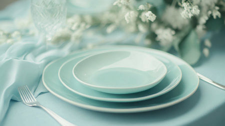 This image captures an elegant table setting with soft blue plates, delicate flowers, and stylish flatware. Ideal for meal presentation or interior design inspiration.の素材