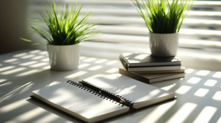 A bright study space featuring an open notepad, stacked books, and potted plants. The interplay of sunlight and shadows creates a tranquil atmosphere ideal for writing or reading.の素材