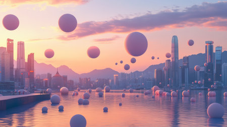 An abstract scene featuring floating spheres above an urban skyline at sunset, showcasing vibrant colors and reflections in the water, evoking a tranquil atmosphere.の素材