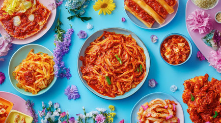 A vibrant display of various pasta dishes arranged beautifully on a colorful background, featuring floral accents that enhance the visual appeal and delight.の素材