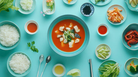 A vibrant and colorful arrangement of Asian cuisine featuring a delicious soup, fresh vegetables, rice, and various sauces, perfect for a shared meal.の素材