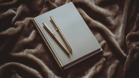A flat lay image featuring a blank notebook and gold pens atop a soft fabric surface, evoking a sense of elegance, creativity, and inspiration for writing and planning.の素材