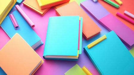 A vibrant assortment of colorful notebooks and stationery on a bright background, perfect for depicting creativity and organization in artistic or educational themes.の素材