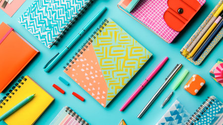 A vibrant flat lay of colorful stationery items on a blue background, showcasing various notebooks, pens, and accessories perfect for creative projects.の素材