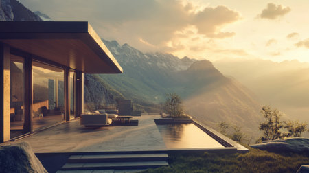 A stunning modern home nestled in the mountains showcases sleek architecture with panoramic views. Serene outdoor space invites relaxation and inspiration.の素材