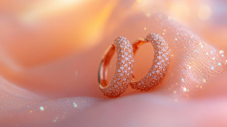 Discover the elegance of rose gold earrings adorned with shimmering stones, set against a soft fabric background that enhances their luxurious appeal.の素材