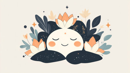 This whimsical illustration features a cute, sleepy character nestled among blooming flowers and lush leaves, evoking a sense of tranquility and serenity.の素材