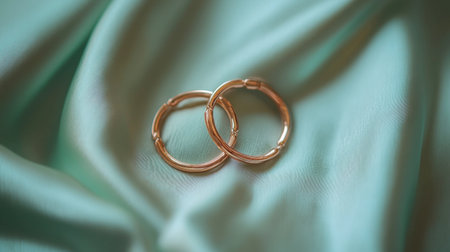 Stunning gold hoop earrings resting gracefully on a soft mint green fabric. This image captures elegance and simplicity in fashion jewelry design, perfect for stylish displays.の素材