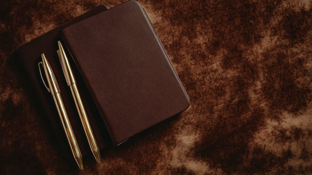 A luxurious brown notebook paired with two golden pens resting on a soft textured background, ideal for representing elegance in writing and planning.の素材