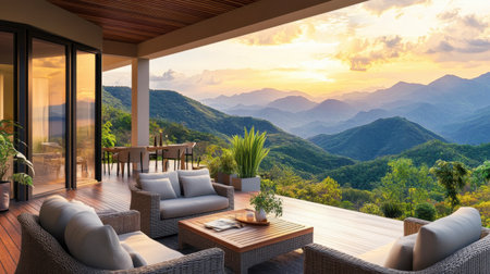 Experience a tranquil outdoor living space featuring a stunning mountain view at sunset. Perfect for relaxation and enjoying nature's beauty.の素材