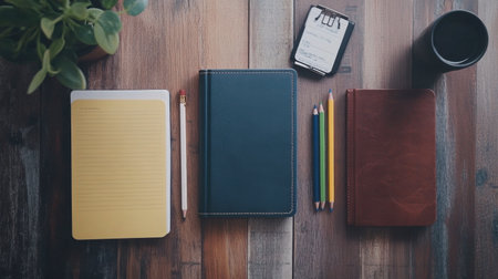 A beautifully arranged workspace featuring various notebooks, pencils, and a plant. This composition highlights creativity and organization in a cozy setting.の素材
